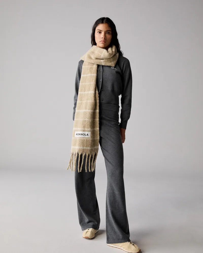 Adanola Wool Blend Brushed Checked Scarf - Stone/Marshmallow White