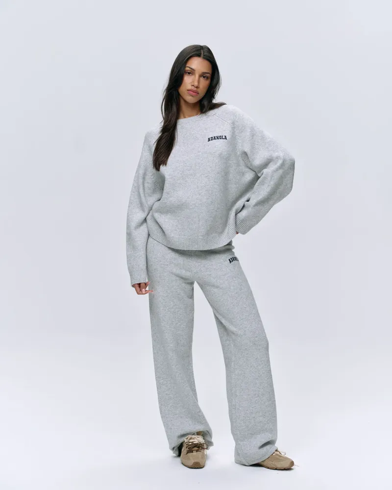 Adanola Varsity Knit Straight Leg Sweatpants - Light Grey Melange/Navy Blue