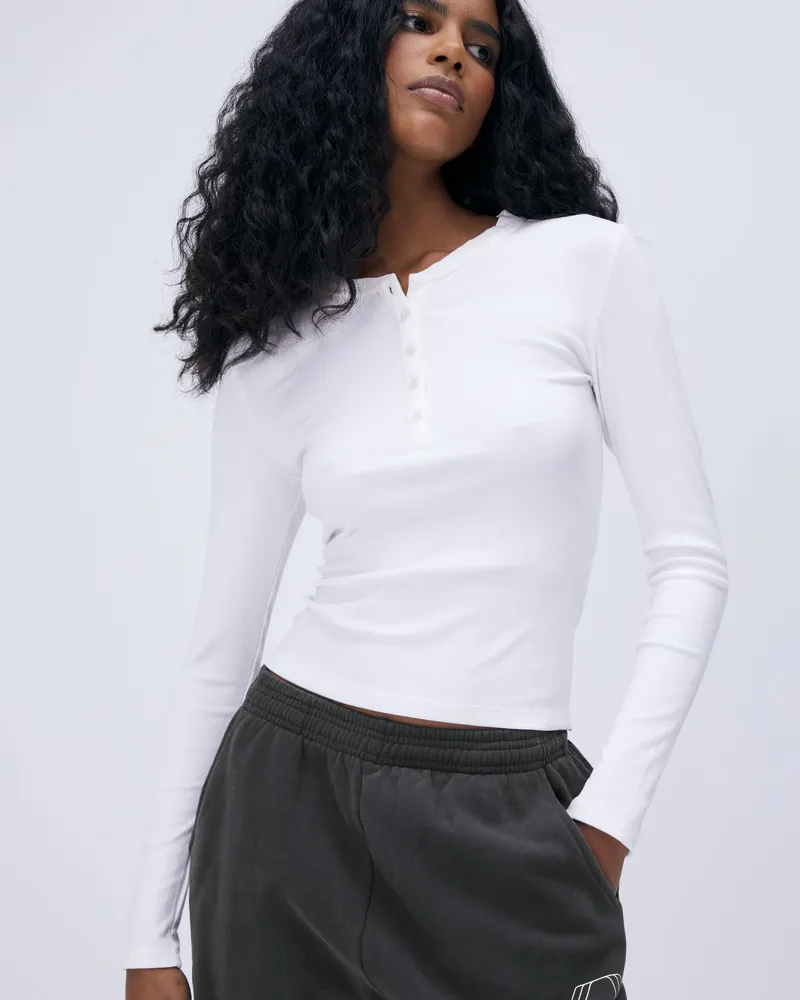 Adanola Rib Long Sleeve Button Up Top - White