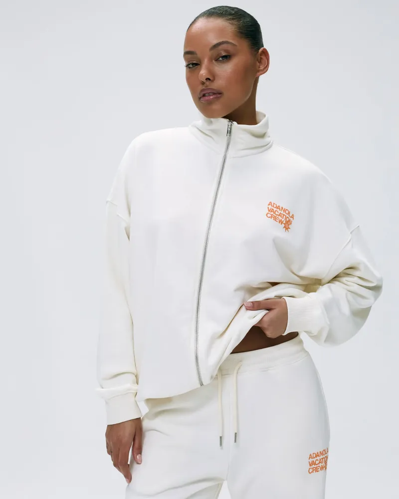 Adanola Vacation Full Zip Funnel Sweatshirt - Marshmallow White/Mango Orange
