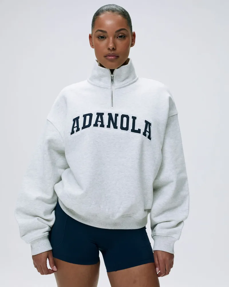Adanola Varsity Relaxed Funnel Neck Zip Sweatshirt - Light Grey Melange/Navy Blue