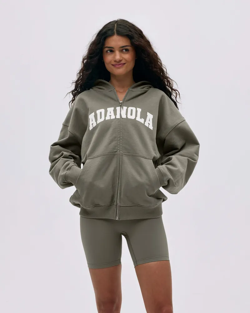 Adanola Varsity Oversized Full Zip Hoodie - Olive Green/Marshmallow White