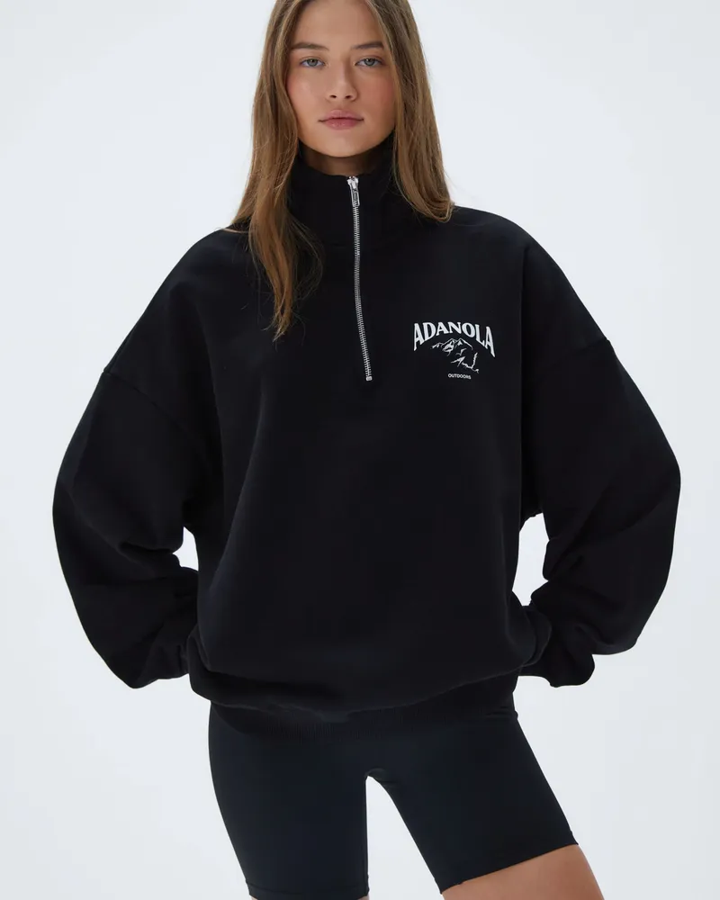 Adanola Outdoors Oversized Funnel Neck Zip Sweatshirt - Black