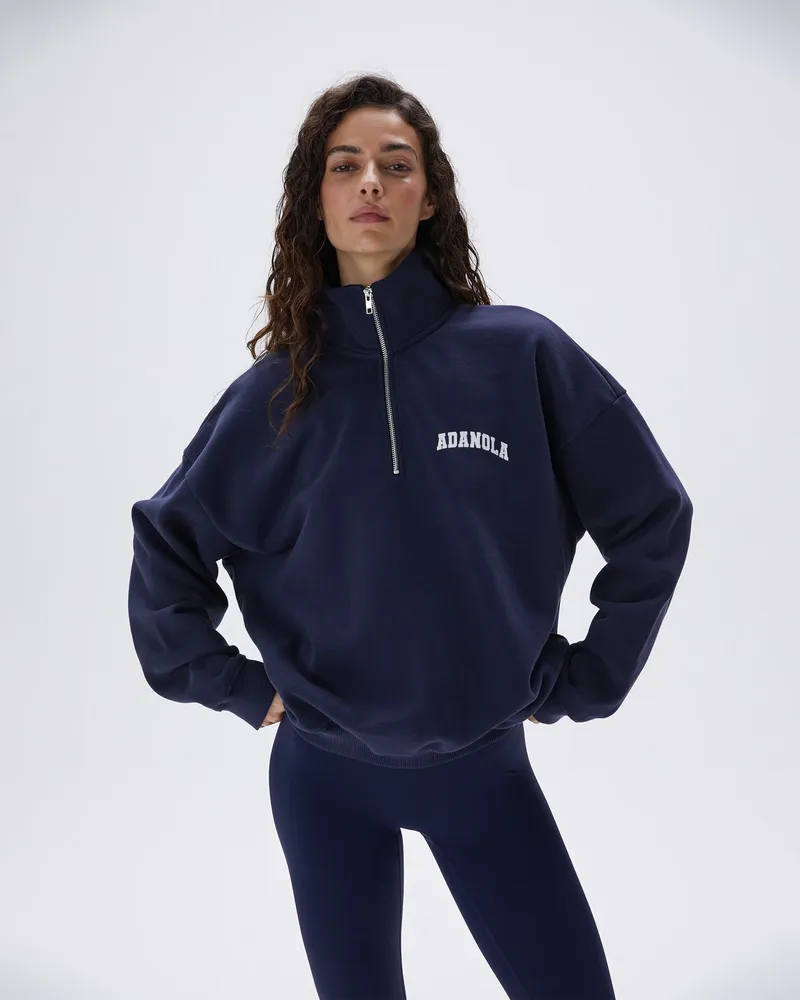 Adanola Varsity Oversized Funnel Neck Zip Sweatshirt - Navy Blue