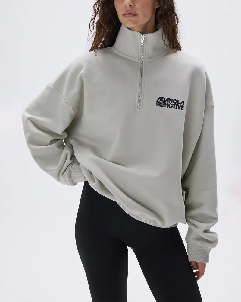 Adanola Retro Sports Oversized Funnel Neck Zip Sweatshirt - Stone
