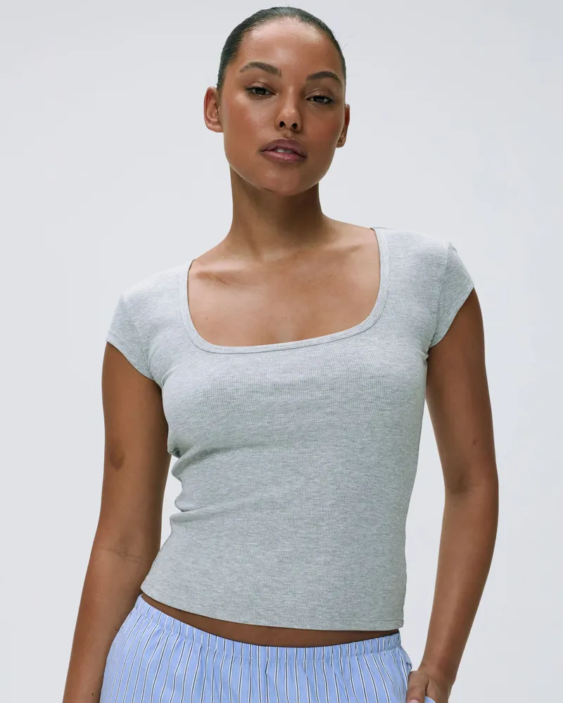Adanola Rib Short Sleeve Scoop Neck Top - Light Grey Melange