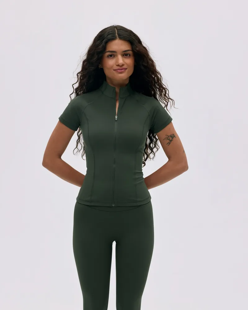 Adanola Ultimate Short Sleeve Zip Up Top - Dark Olive