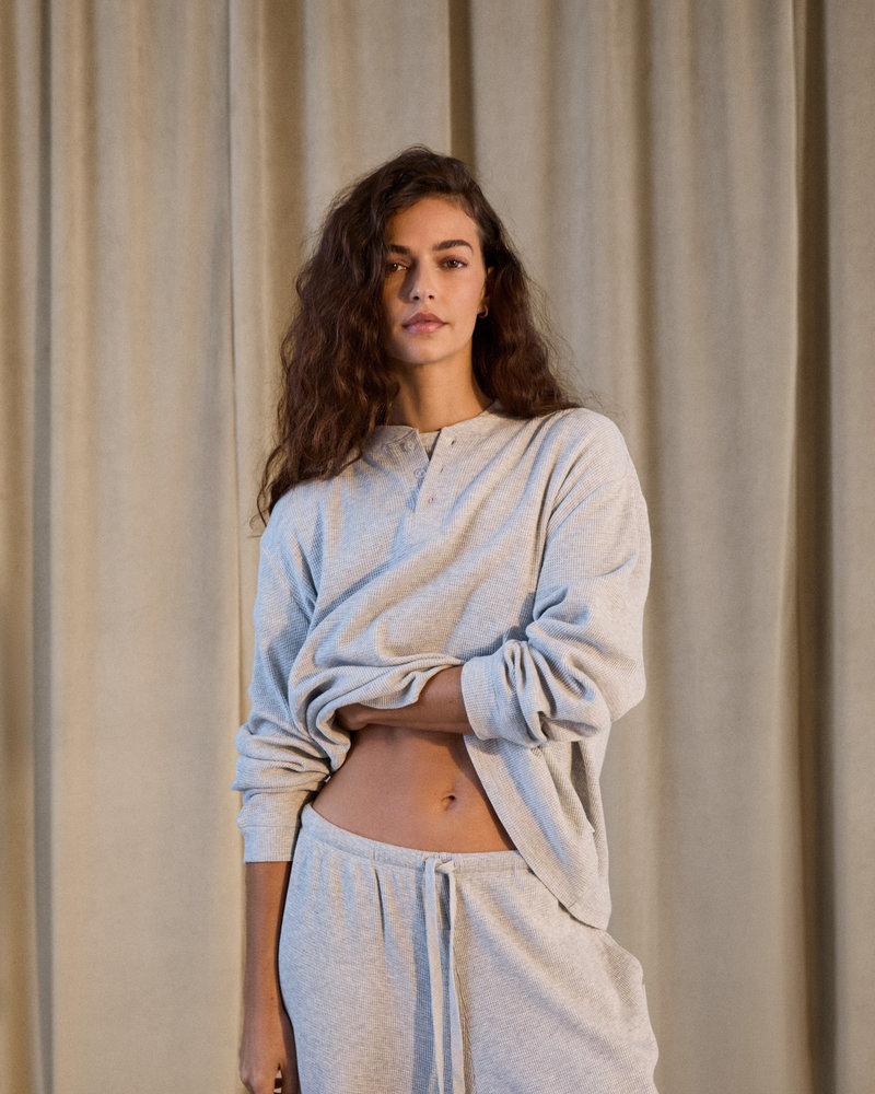 Adanola Waffle Henley Long Sleeve T-shirt - Light Grey Melange
