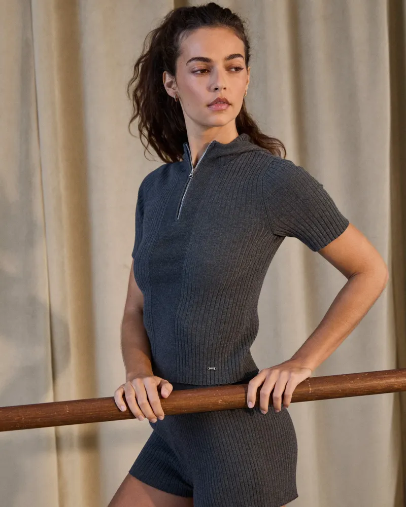 Adanola Rib Knit Quarter Zip Hooded Top - Graphite Grey