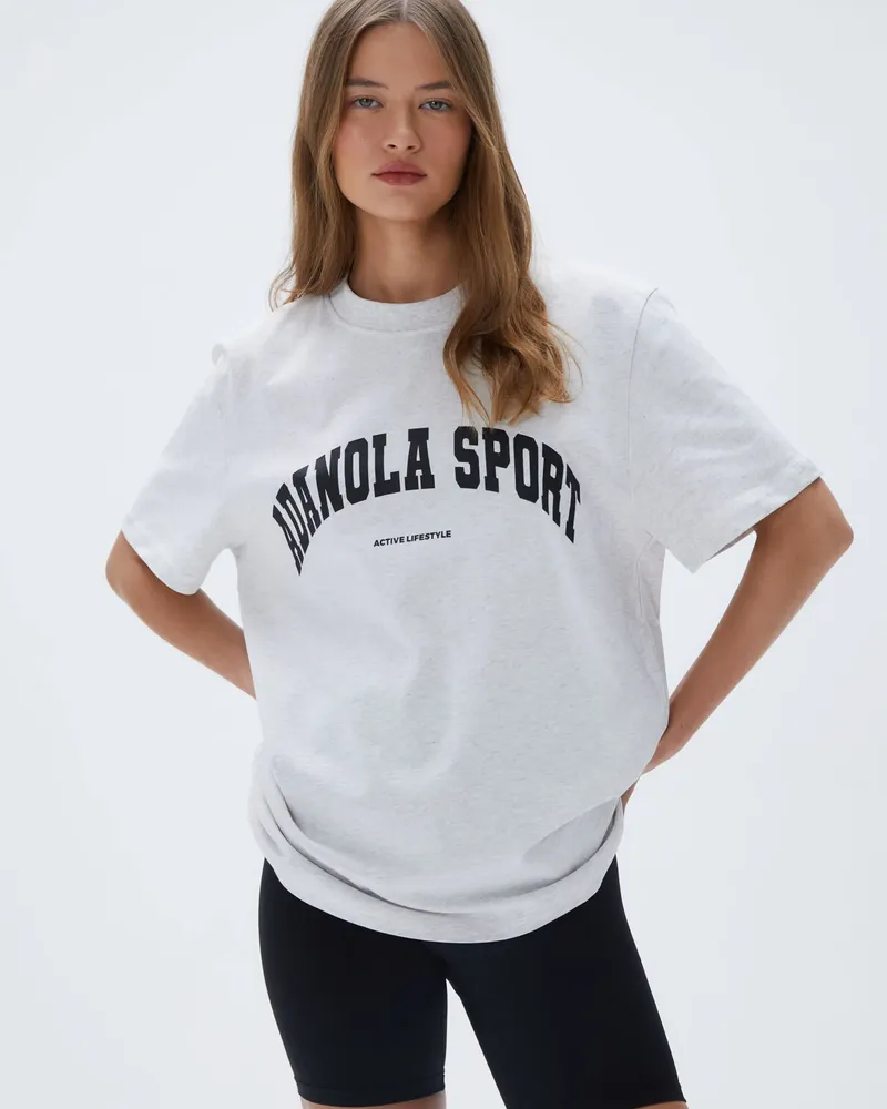 Adanola Kurzarm Oversize T-Shirt - Hellgrau Meliert/Schwarz