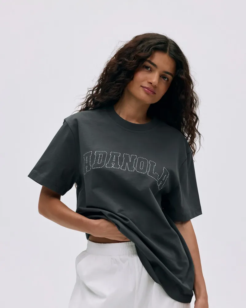 Adanola Varsity Stitch Short Sleeve Oversized T-shirt - Graphite Grey/Marshmallow White