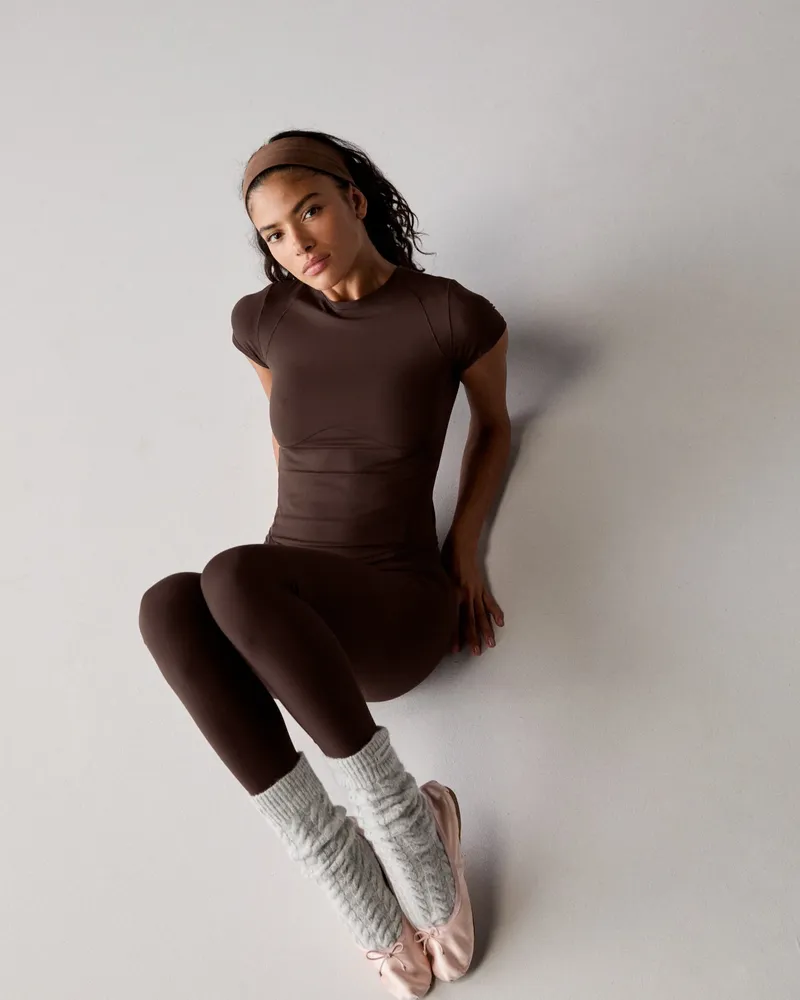 Adanola Ultimate Short Sleeve Seam Detail Curved Hem Top - Chocolate Brown