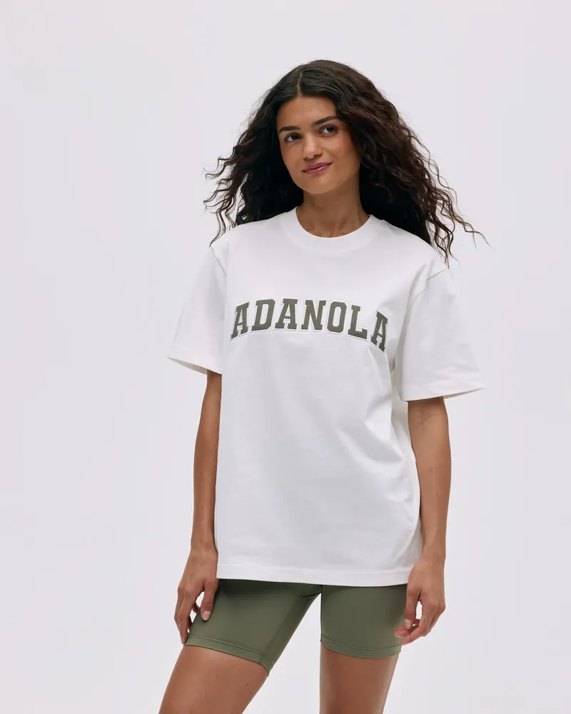 Adanola Varsity Short Sleeve Oversized T-shirt - White/Olive Green