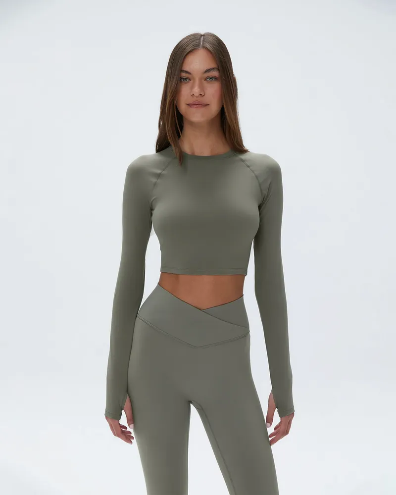 Adanola Long Sleeve Crop Top - Olive Green