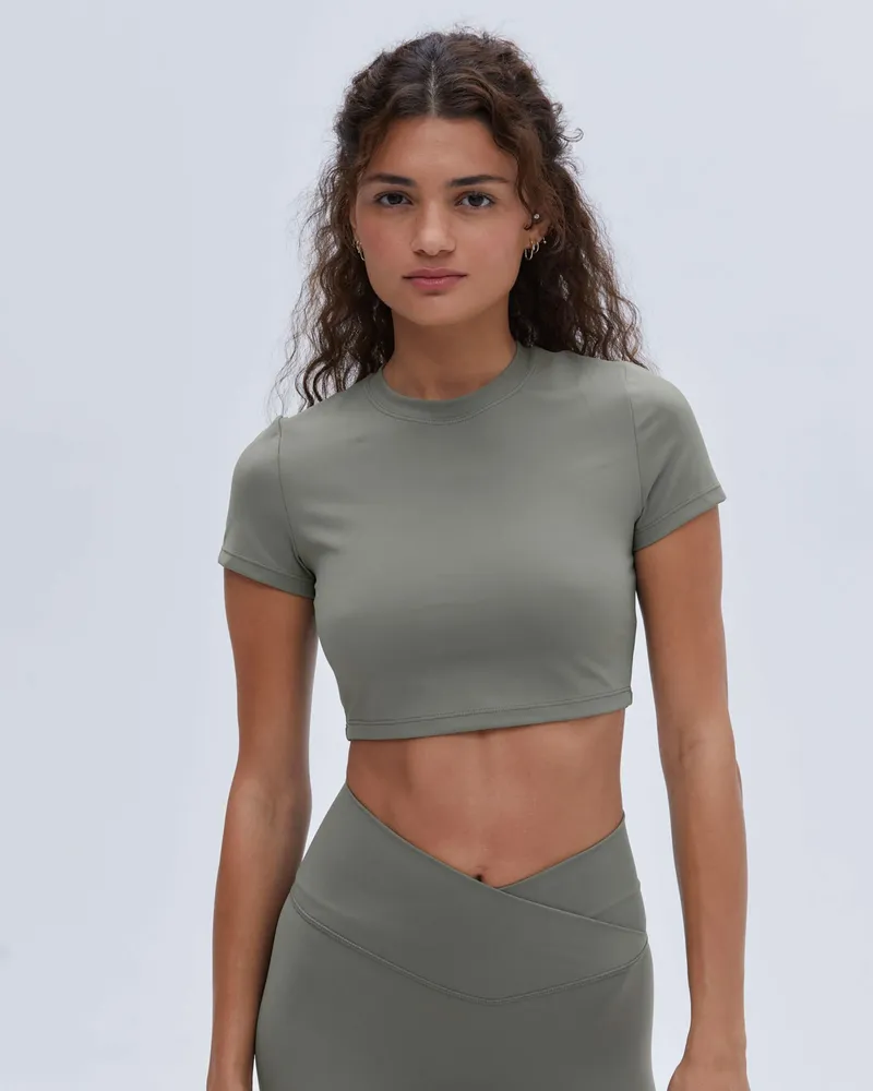 Adanola Short Sleeve Crop Top - Olive Green