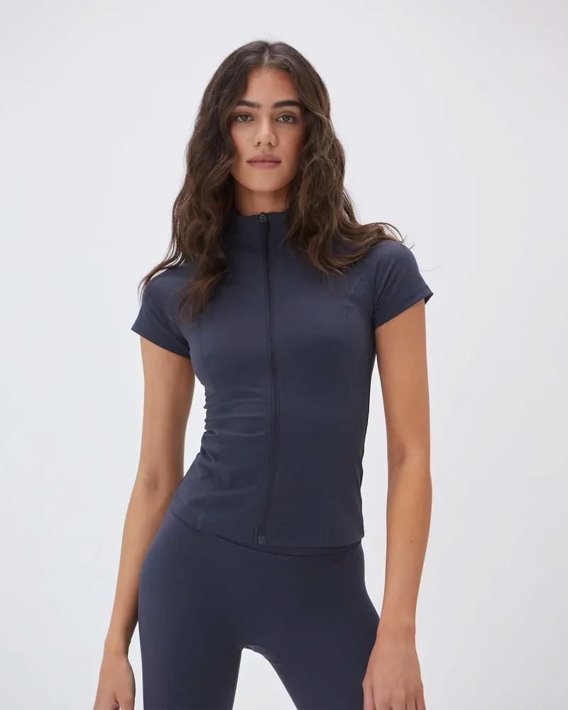 Adanola Ultimate Short Sleeve Zip Up Top - Midnight Blue
